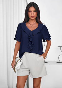 PRETTYGARDEN Women's Summer Dressy Casual Blouses Short Sleeve V Neck Ruffle Going Out Tops Shirt Trendy Spring Outfits PRETTYGARDEN