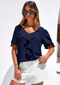 PRETTYGARDEN Women's Summer Dressy Casual Blouses Short Sleeve V Neck Ruffle Going Out Tops Shirt Trendy Spring Outfits PRETTYGARDEN