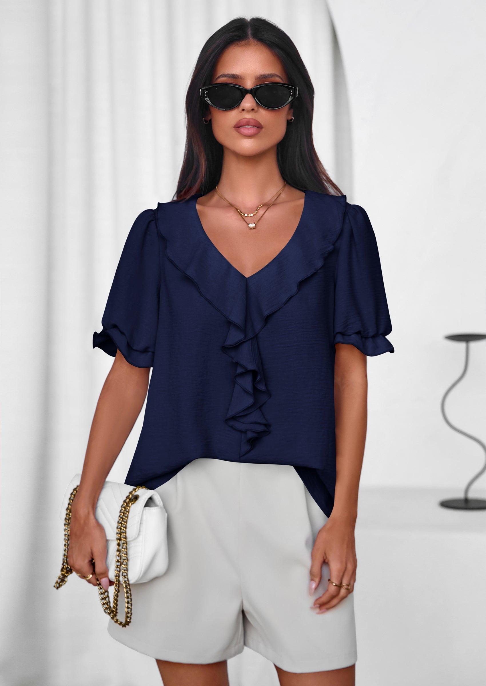 PRETTYGARDEN Women's Summer Dressy Casual Blouses Short Sleeve V Neck Ruffle Going Out Tops Shirt Trendy Spring Outfits PRETTYGARDEN