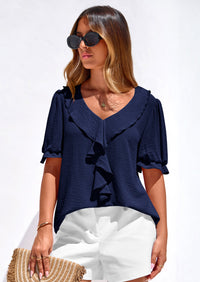 PRETTYGARDEN Women's Summer Dressy Casual Blouses Short Sleeve V Neck Ruffle Going Out Tops Shirt Trendy Spring Outfits PRETTYGARDEN