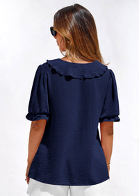 PRETTYGARDEN Women's Summer Dressy Casual Blouses Short Sleeve V Neck Ruffle Going Out Tops Shirt Trendy Spring Outfits PRETTYGARDEN