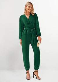 PRETTYGARDEN Women's Fall Jumpsuits Dressy Casual Pants Romper Spring Long Sleeve V Neck Belt Pockets One Piece Outfits
