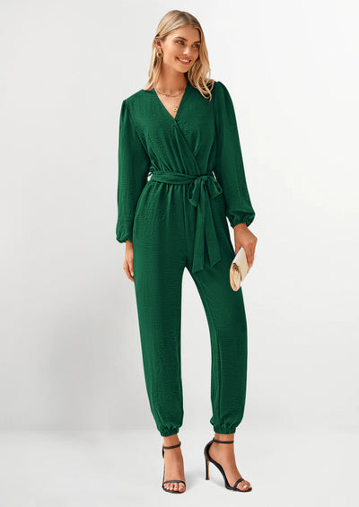PRETTYGARDEN Women's Fall Jumpsuits Dressy Casual Pants Romper Spring Long Sleeve V Neck Belt Pockets One Piece Outfits
