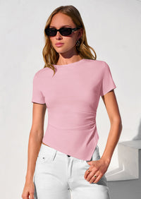 PRETTYGARDEN Womens Short Sleeve Crew Neck Trendy Shirts Spring Summer Y2K Going Out Tops Asymmetrical Ruched Blouse PRETTYGARDEN