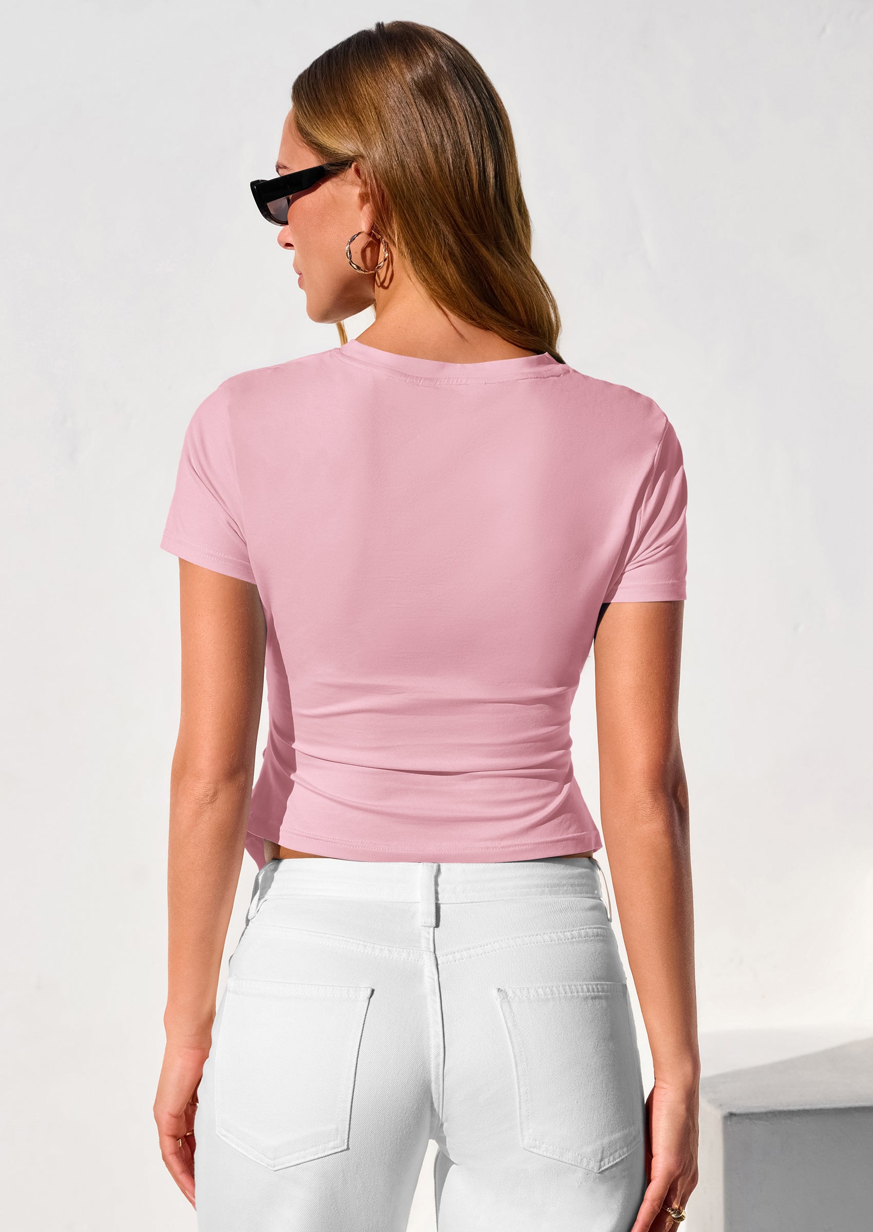 PRETTYGARDEN Womens Short Sleeve Crew Neck Trendy Shirts Spring Summer Y2K Going Out Tops Asymmetrical Ruched Blouse PRETTYGARDEN