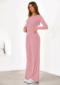 PRETTYGARDEN Casual Two Piece Sets for Women Fall Outfits Asymmetrical Off Shoulder Tops Wide Leg Pants Knit Lounge Set
