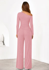 PRETTYGARDEN Casual Two Piece Sets for Women Fall Outfits Asymmetrical Off Shoulder Tops Wide Leg Pants Knit Lounge Set