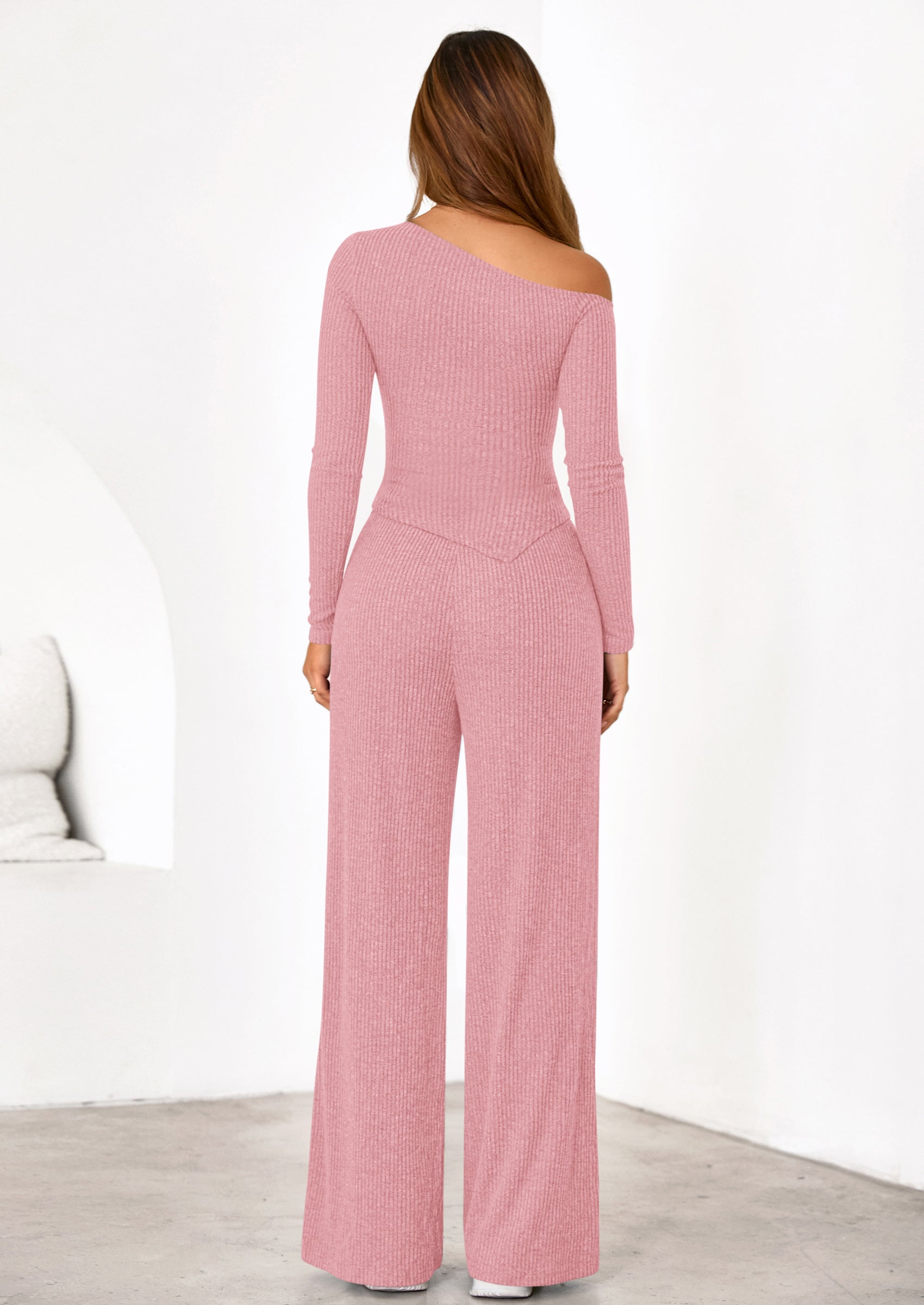 PRETTYGARDEN Casual Two Piece Sets for Women Fall Outfits Asymmetrical Off Shoulder Tops Wide Leg Pants Knit Lounge Set