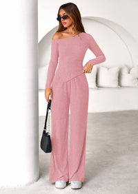 PRETTYGARDEN Casual Two Piece Sets for Women Fall Outfits Asymmetrical Off Shoulder Tops Wide Leg Pants Knit Lounge Set