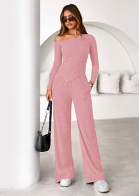 PRETTYGARDEN Casual Two Piece Sets for Women Fall Outfits Asymmetrical Off Shoulder Tops Wide Leg Pants Knit Lounge Set