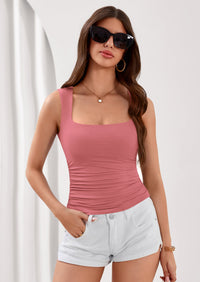 PRETTYGARDEN Tank Top for Women Summer Sleeveless Square Neck Double Lined Ruched Crop Tops Spring Going Out Y2k Clothes PRETTYGARDEN