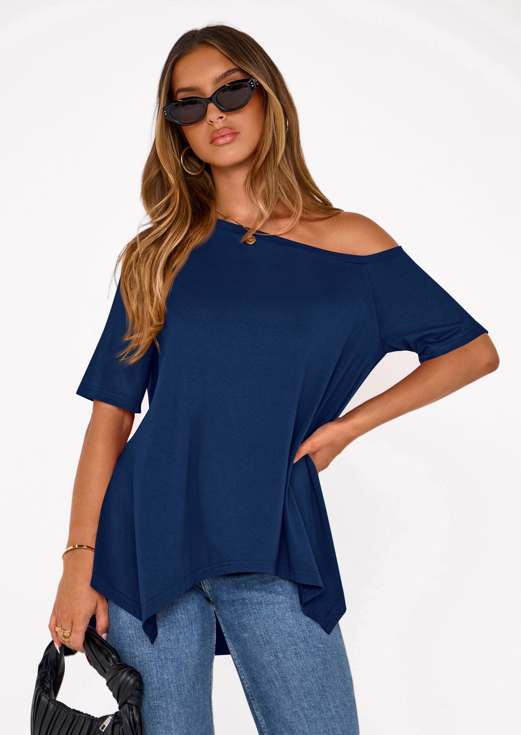 PRETTYGARDEN Off The Shoulder Tops for Women Summer Short Sleeve Asymmetrical Oversized Tee Shirts Casual Spring Clothes PRETTYGARDEN