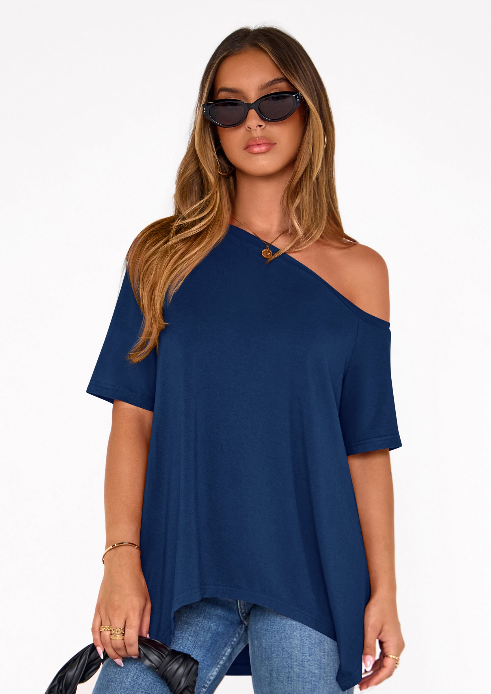 PRETTYGARDEN Off The Shoulder Tops for Women Summer Short Sleeve Asymmetrical Oversized Tee Shirts Casual Spring Clothes PRETTYGARDEN