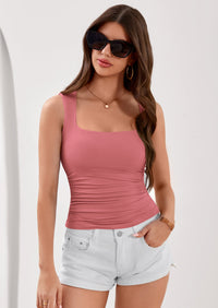 PRETTYGARDEN Tank Top for Women Summer Sleeveless Square Neck Double Lined Ruched Crop Tops Spring Going Out Y2k Clothes PRETTYGARDEN