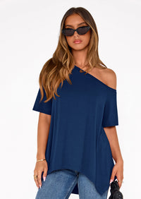 PRETTYGARDEN Off The Shoulder Tops for Women Summer Short Sleeve Asymmetrical Oversized Tee Shirts Casual Spring Clothes PRETTYGARDEN