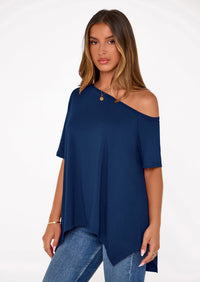 PRETTYGARDEN Off The Shoulder Tops for Women Summer Short Sleeve Asymmetrical Oversized Tee Shirts Casual Spring Clothes PRETTYGARDEN