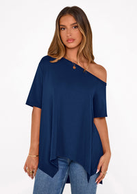 PRETTYGARDEN Off The Shoulder Tops for Women Summer Short Sleeve Asymmetrical Oversized Tee Shirts Casual Spring Clothes PRETTYGARDEN