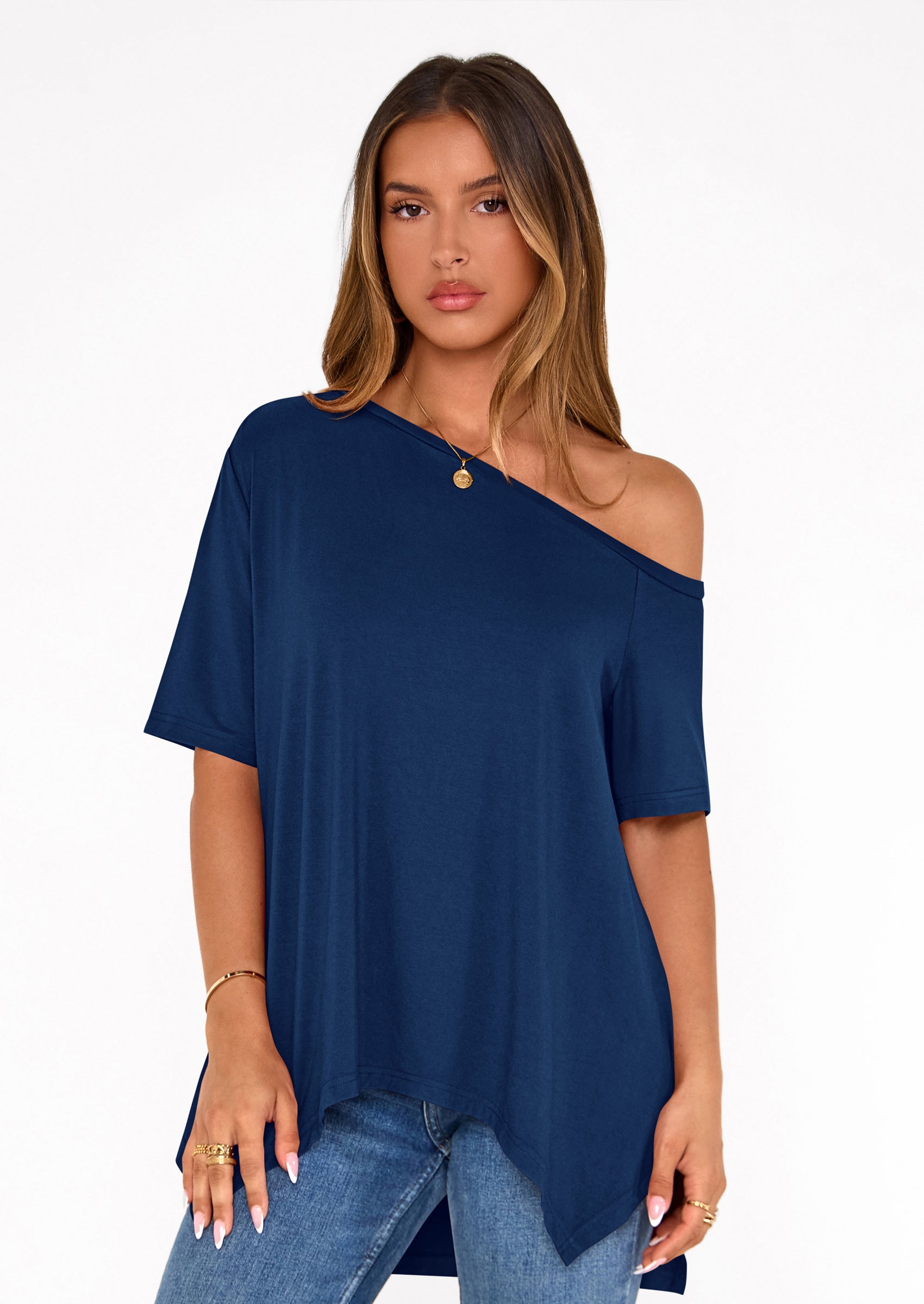 PRETTYGARDEN Off The Shoulder Tops for Women Summer Short Sleeve Asymmetrical Oversized Tee Shirts Casual Spring Clothes PRETTYGARDEN