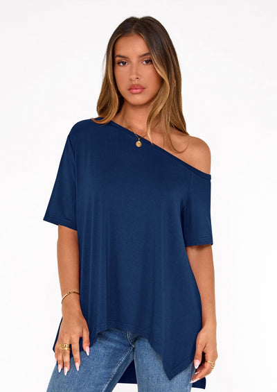 PRETTYGARDEN Off The Shoulder Tops for Women Summer Short Sleeve Asymmetrical Oversized Tee Shirts Casual Spring Clothes PRETTYGARDEN