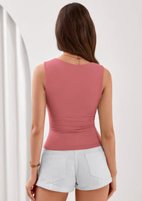 PRETTYGARDEN Tank Top for Women Summer Sleeveless Square Neck Double Lined Ruched Crop Tops Spring Going Out Y2k Clothes PRETTYGARDEN