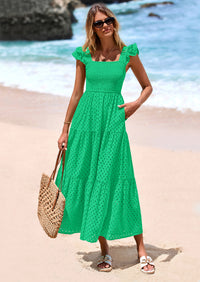 PRETTYGARDEN Womens Square Neck Maxi Dresses Cap Sleeve Eyelet Smocked Tiered A Line Flowy Long Dress with Pockets