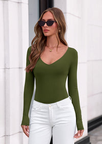 PRETTYGARDEN Bodysuits for Women Fall Long Sleeve Shirts V Neck Slim Fitted Basic Tees Going Out Tops Fashion Clothing