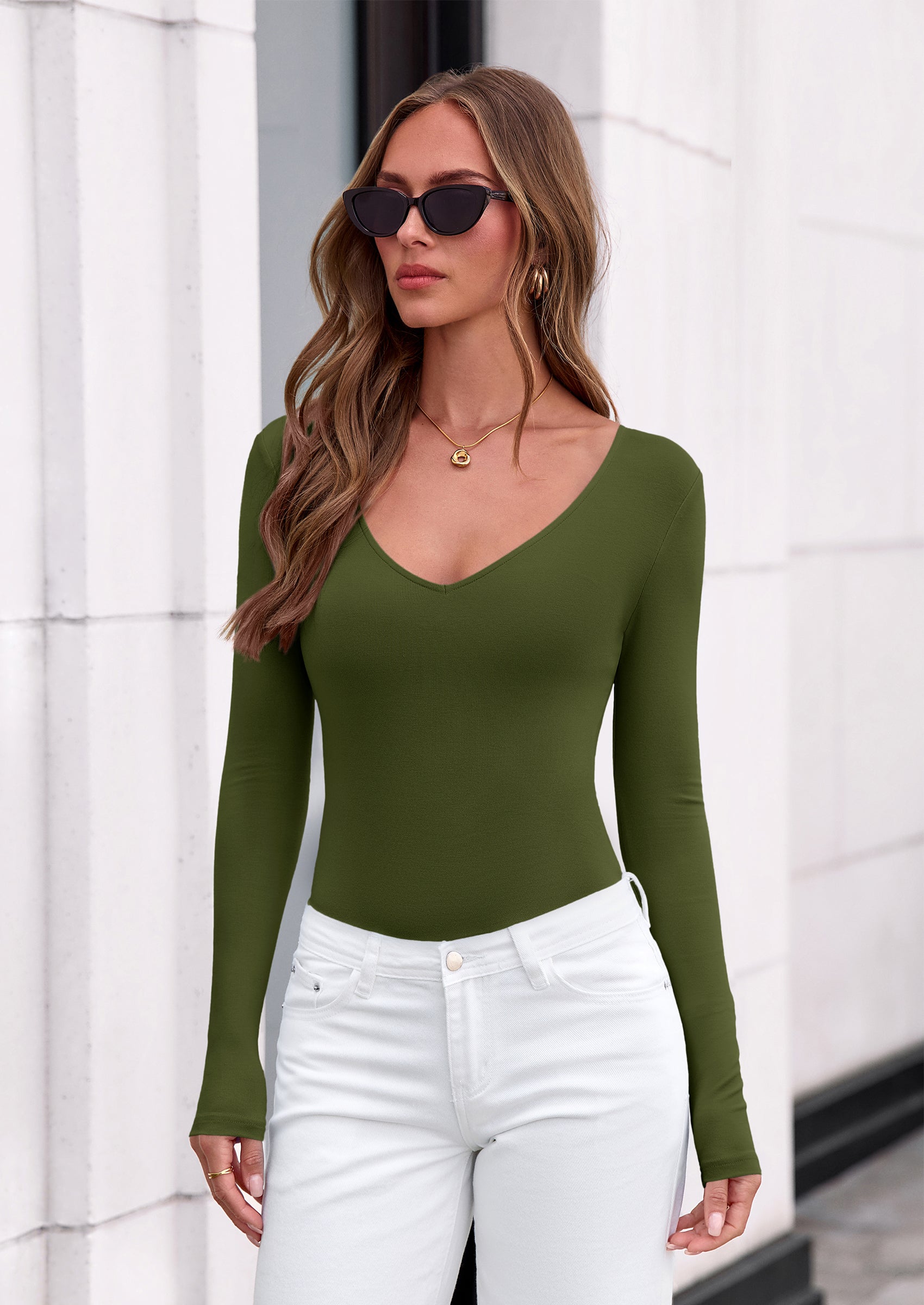 PRETTYGARDEN Bodysuits for Women Fall Long Sleeve Shirts V Neck Slim Fitted Basic Tees Going Out Tops Fashion Clothing
