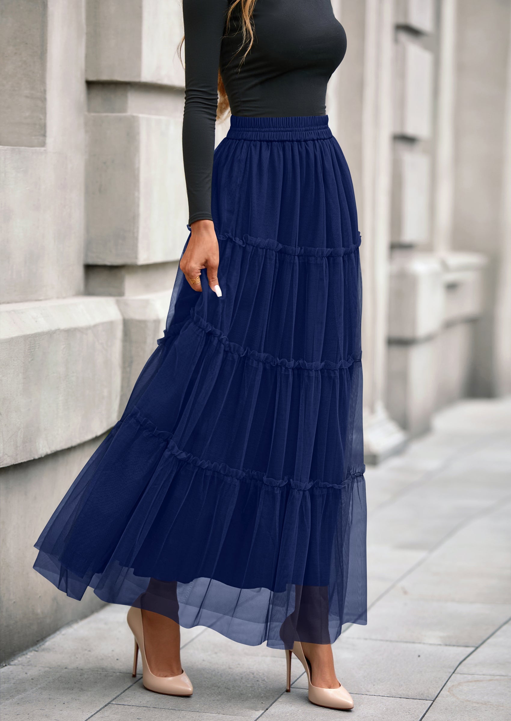 dress with long skirt PRETTYGARDEN Maxi Skirts for Women Fall Tulle High Waisted Ruffle Flow
