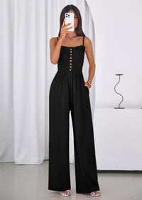 PRETTYGARDEN Jumpsuits for Women Summer Sleeveless Smocked Button Wide Leg Rompers Spring Travel One Piece Outfits PRETTYGARDEN