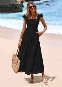 PRETTYGARDEN Womens Square Neck Maxi Dresses Cap Sleeve Eyelet Smocked Tiered A Line Flowy Long Dress with Pockets