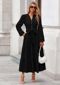 PRETTYGARDEN Fall Dresses for Women Long Sleeve V Neck Belted Ruffle A Line Flowy Boho Maxi Wedding Guest Dress Pockets