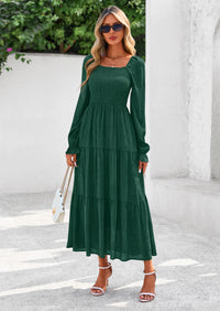 PRETTYGARDEN Fall Wedding Guest Dresses for Women Floral Long Sleeve Smocked Tiered Elegant Long Flowy Boho Dress