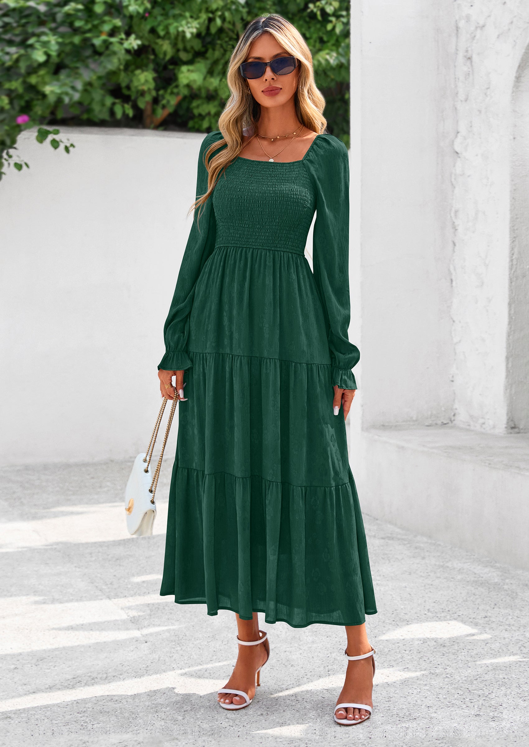 PRETTYGARDEN Fall Wedding Guest Dresses for Women Floral Long Sleeve Smocked Tiered Elegant Long Flowy Boho Dress