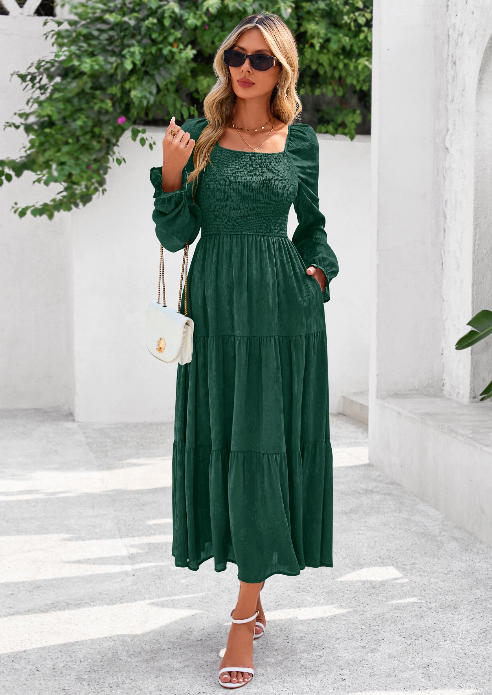 PRETTYGARDEN Fall Wedding Guest Dresses for Women Floral Long Sleeve Smocked Tiered Elegant Long Flowy Boho Dress