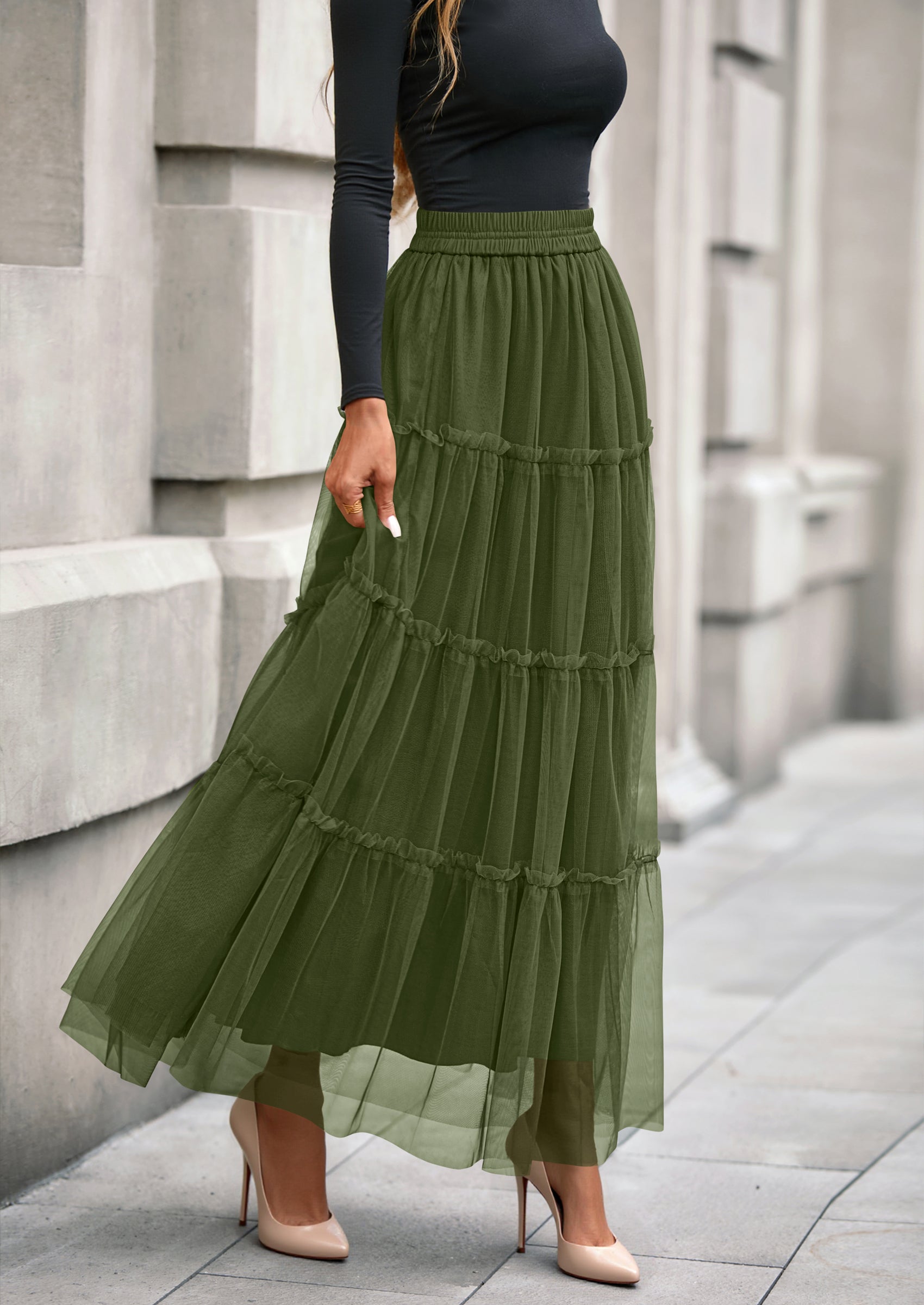 PRETTYGARDEN Maxi Skirts for Women Fall Tulle High Waisted Ruffle Flowy A-Line Long Skirt Country Concert Outfits