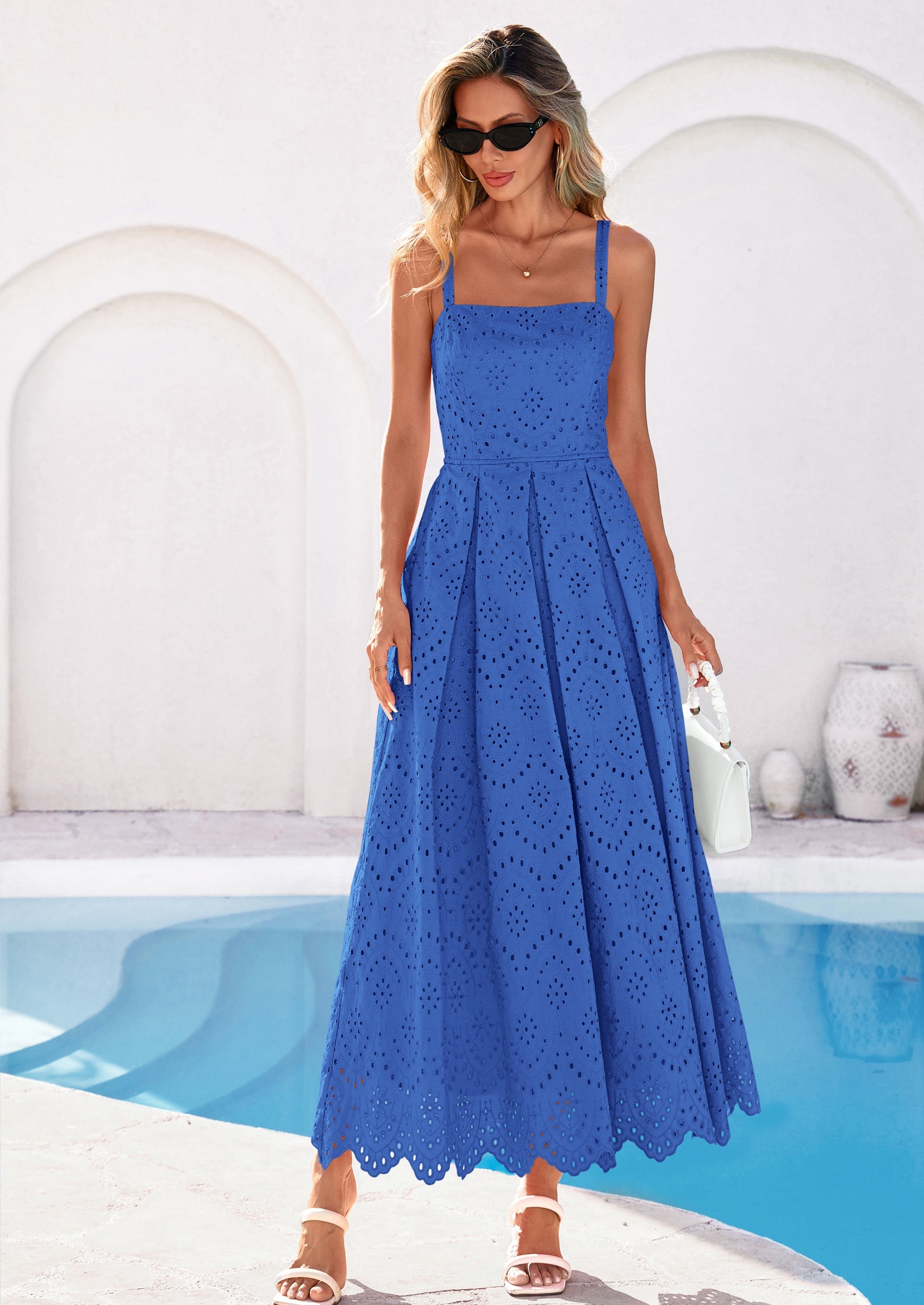 PRETTYGARDEN Womens Sleeveless Maxi Summer Dresses Hollow Out Eyelet Square Neck Ruffle Flowy Beach Vacation Sundress PRETTYGARDEN