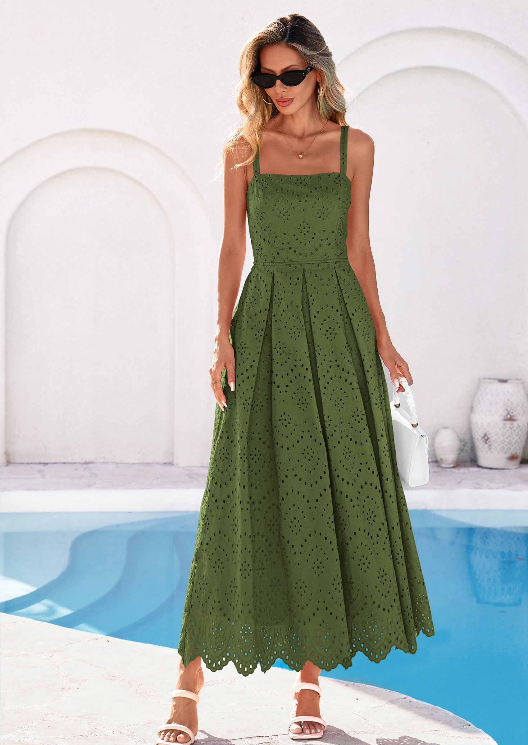 PRETTYGARDEN Womens Sleeveless Maxi Summer Dresses Hollow Out Eyelet Square Neck Ruffle Flowy Beach Vacation Sundress PRETTYGARDEN