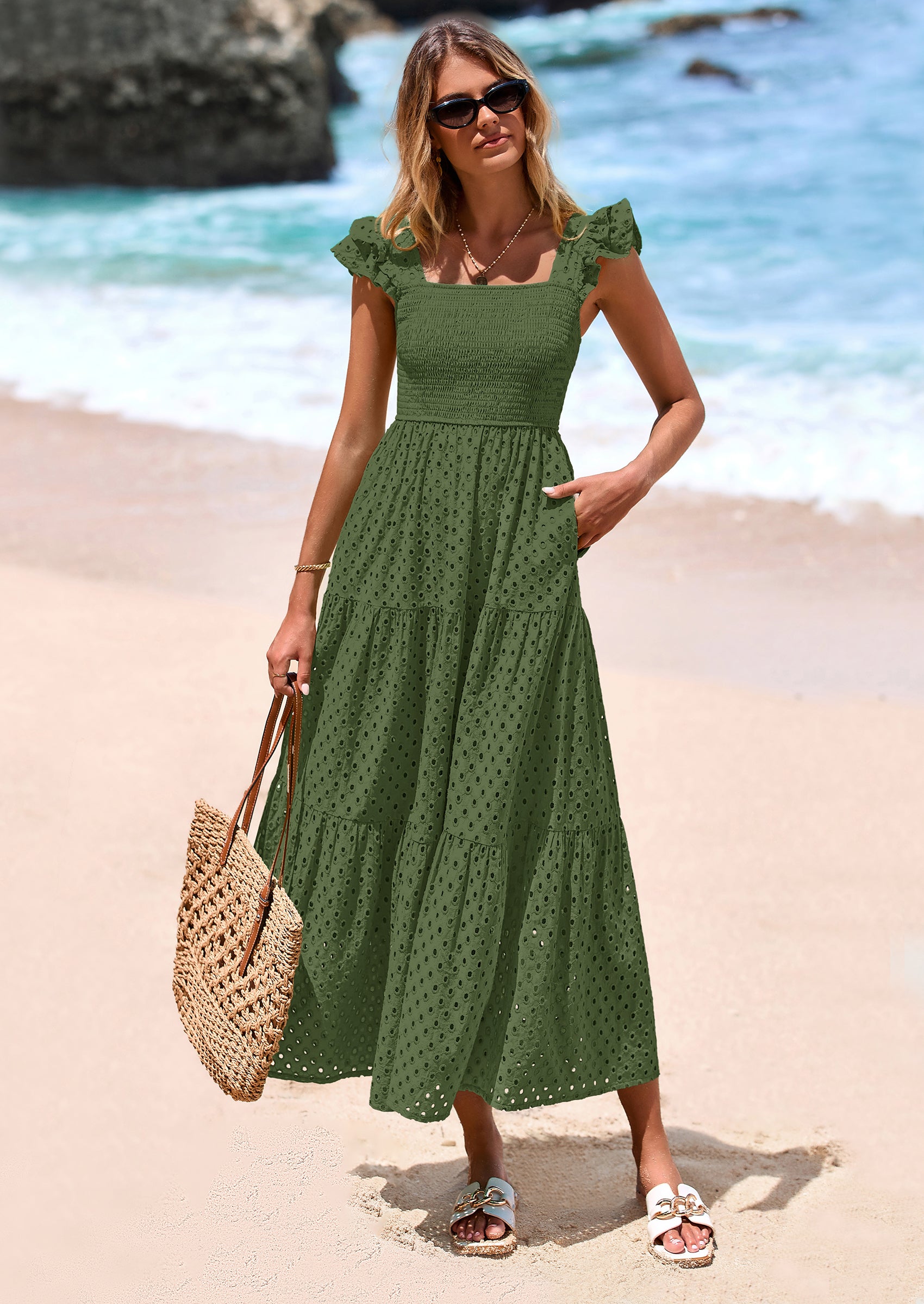 PRETTYGARDEN Womens Square Neck Maxi Dresses Cap Sleeve Eyelet Smocked Tiered A Line Flowy Long Dress with Pockets