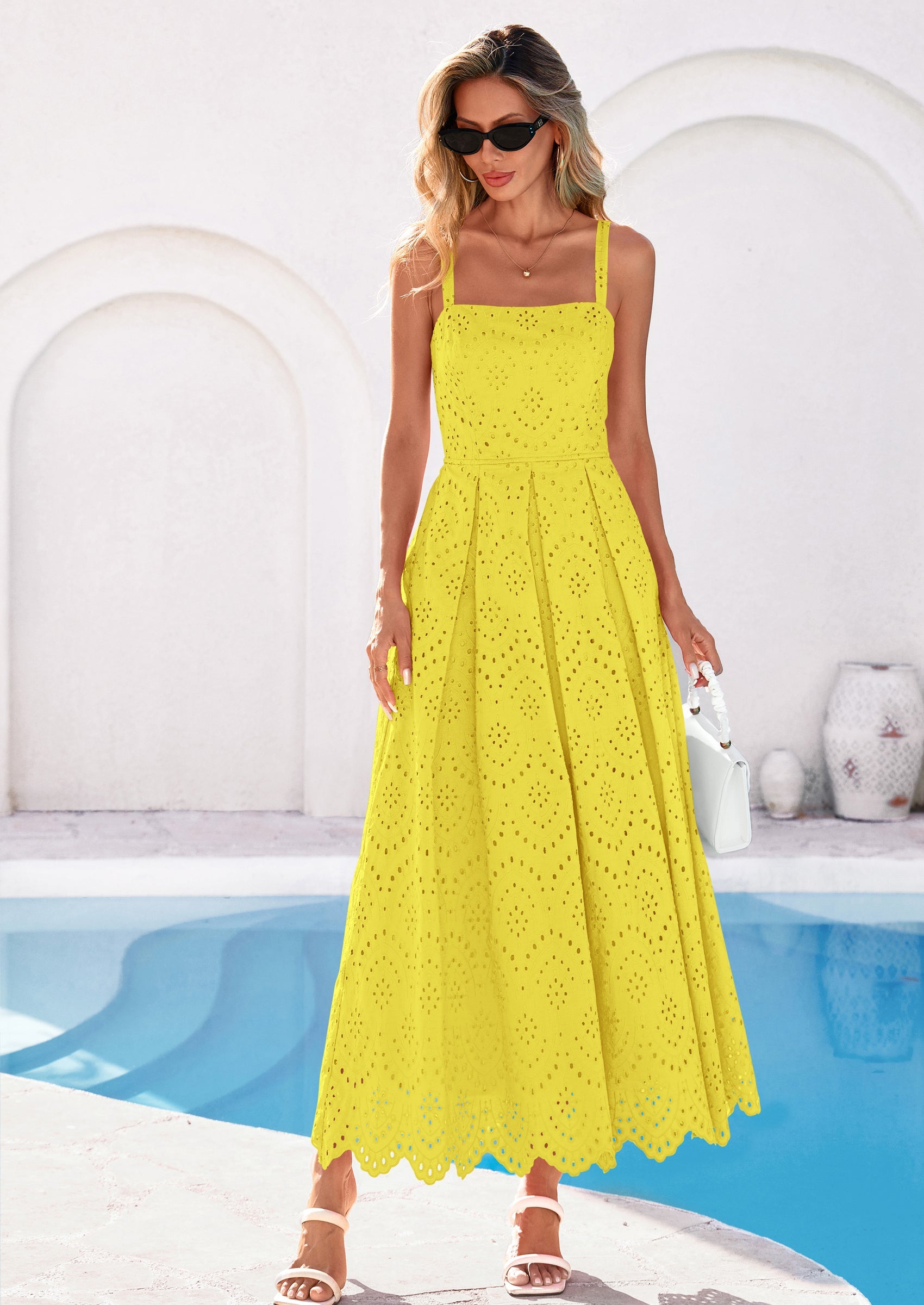 PRETTYGARDEN Womens Sleeveless Maxi Summer Dresses Hollow Out Eyelet Square Neck Ruffle Flowy Beach Vacation Sundress PRETTYGARDEN