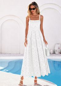 PRETTYGARDEN Womens Sleeveless Maxi Summer Dresses Hollow Out Eyelet Square Neck Ruffle Flowy Beach Vacation Sundress PRETTYGARDEN