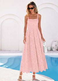 PRETTYGARDEN Womens Sleeveless Maxi Summer Dresses Hollow Out Eyelet Square Neck Ruffle Flowy Beach Vacation Sundress PRETTYGARDEN