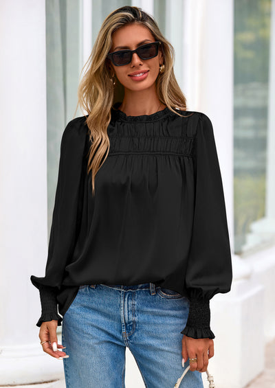 PRETTYGARDEN Blouses for Women Dressy Casual Fall Outfits Frill Neck Long Sleeve Shirts Satin Work Business Casual Tops