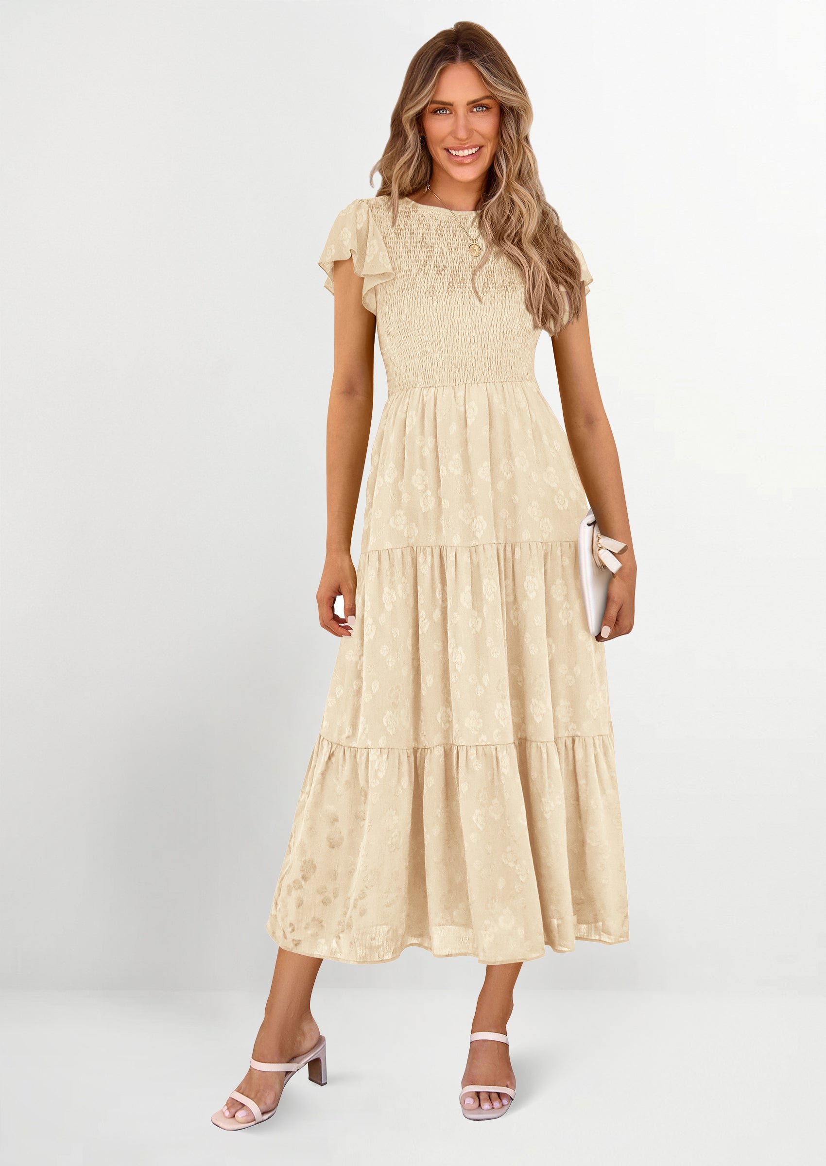 PRETTYGARDEN Midi Dress for Women Summer Floral Cap Sleeve Smocked Ruffle A Line Long Flowy Wedding Guest Dresses