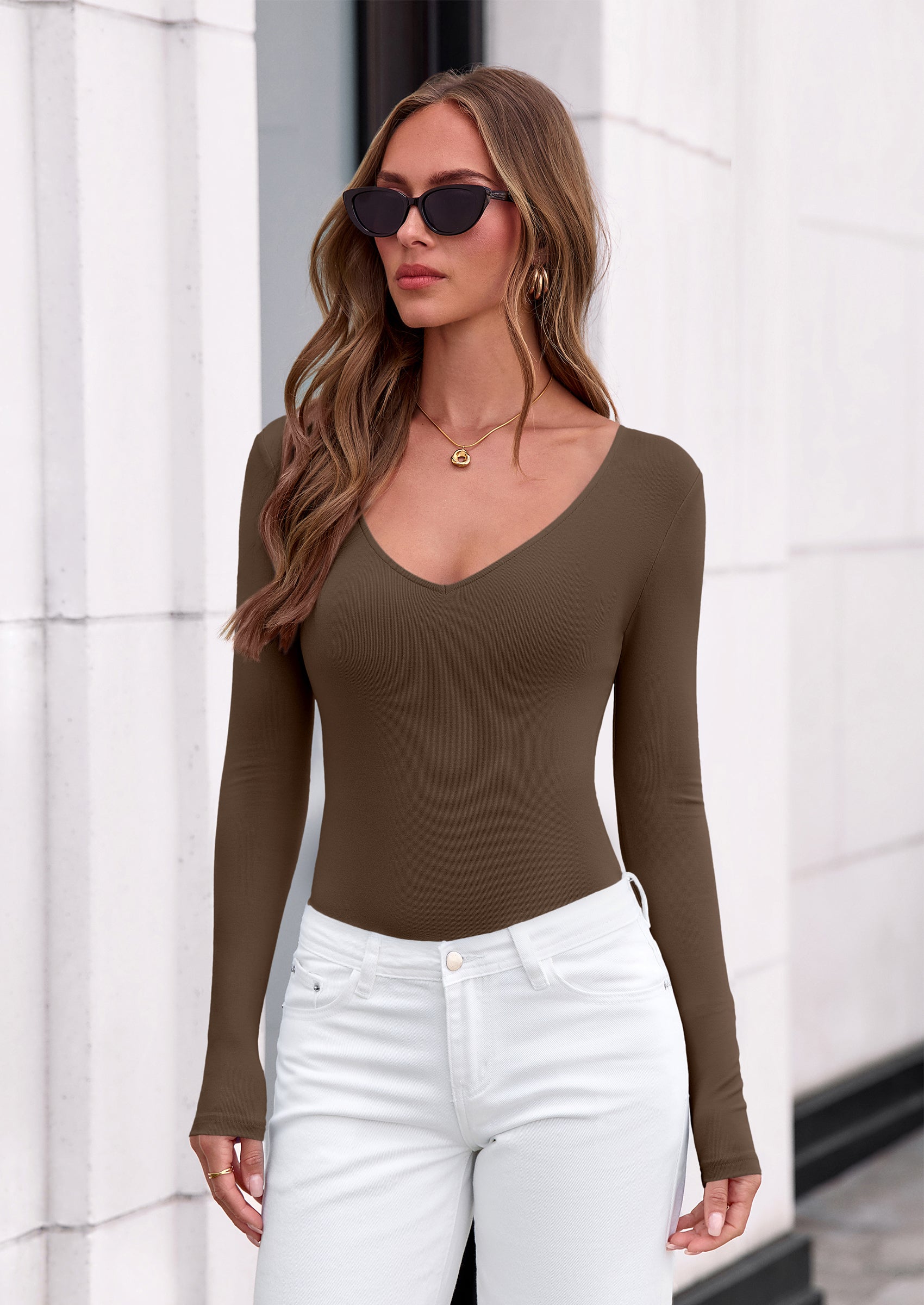 PRETTYGARDEN Bodysuits for Women Fall Long Sleeve Shirts V Neck Slim Fitted Basic Tees Going Out Tops Fashion Clothing