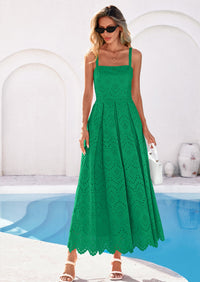 PRETTYGARDEN Womens Sleeveless Maxi Summer Dresses Hollow Out Eyelet Square Neck Ruffle Flowy Beach Vacation Sundress PRETTYGARDEN