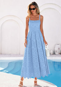 PRETTYGARDEN Womens Sleeveless Maxi Summer Dresses Hollow Out Eyelet Square Neck Ruffle Flowy Beach Vacation Sundress PRETTYGARDEN