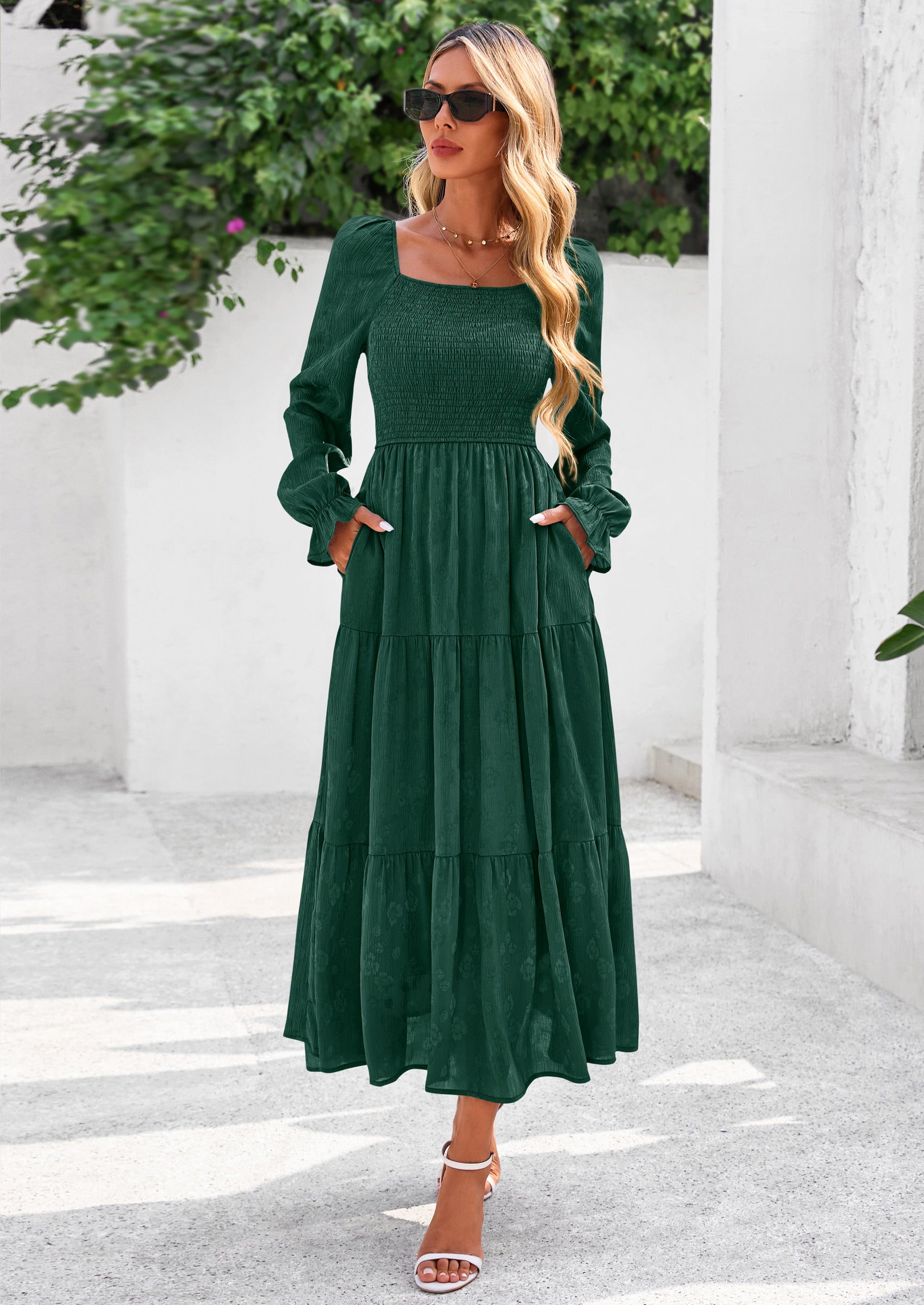 PRETTYGARDEN Fall Wedding Guest Dresses for Women Floral Long Sleeve Smocked Tiered Elegant Long Flowy Boho Dress
