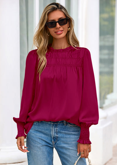 PRETTYGARDEN Blouses for Women Dressy Casual Fall Outfits Frill Neck Long Sleeve Shirts Satin Work Business Casual Tops