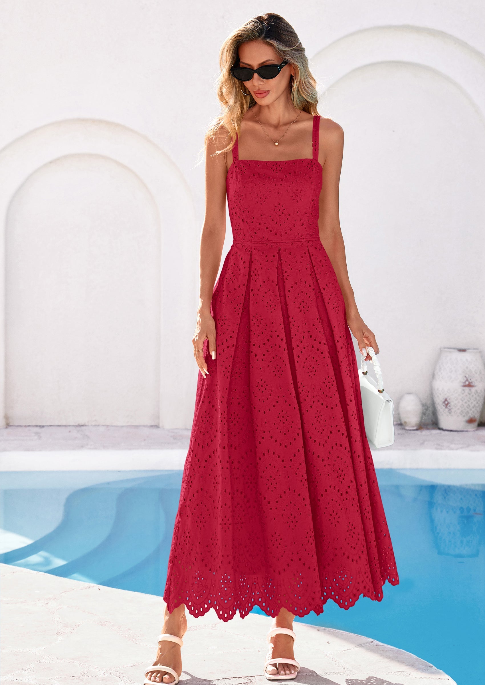 PRETTYGARDEN Womens Sleeveless Maxi Summer Dresses Hollow Out Eyelet Square Neck Ruffle Flowy Beach Vacation Sundress PRETTYGARDEN