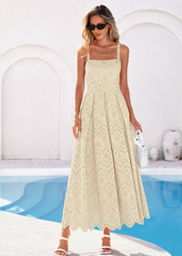 PRETTYGARDEN Womens Sleeveless Maxi Summer Dresses Hollow Out Eyelet Square Neck Ruffle Flowy Beach Vacation Sundress PRETTYGARDEN